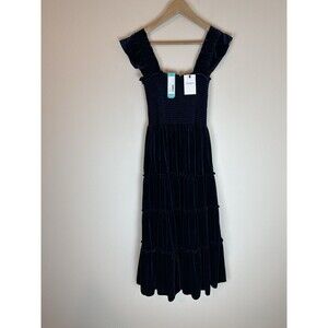 Stitch Fix M Blue Velvet Dress Midi Tiered Navy Smocked Holiday Christmas Event